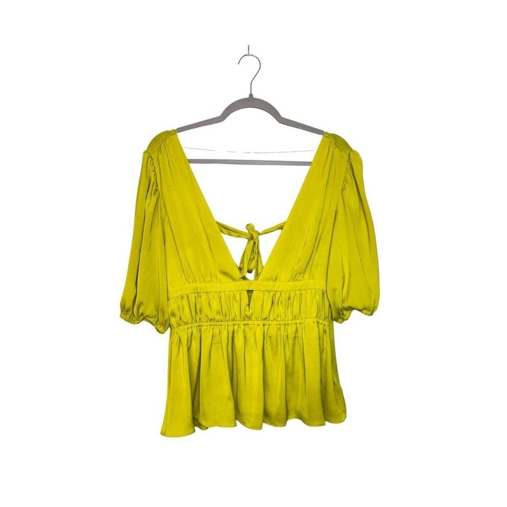 Anthropologie Dolan Left Coast Chartreuse Green Peplum Puff Sleeve Top SZ M